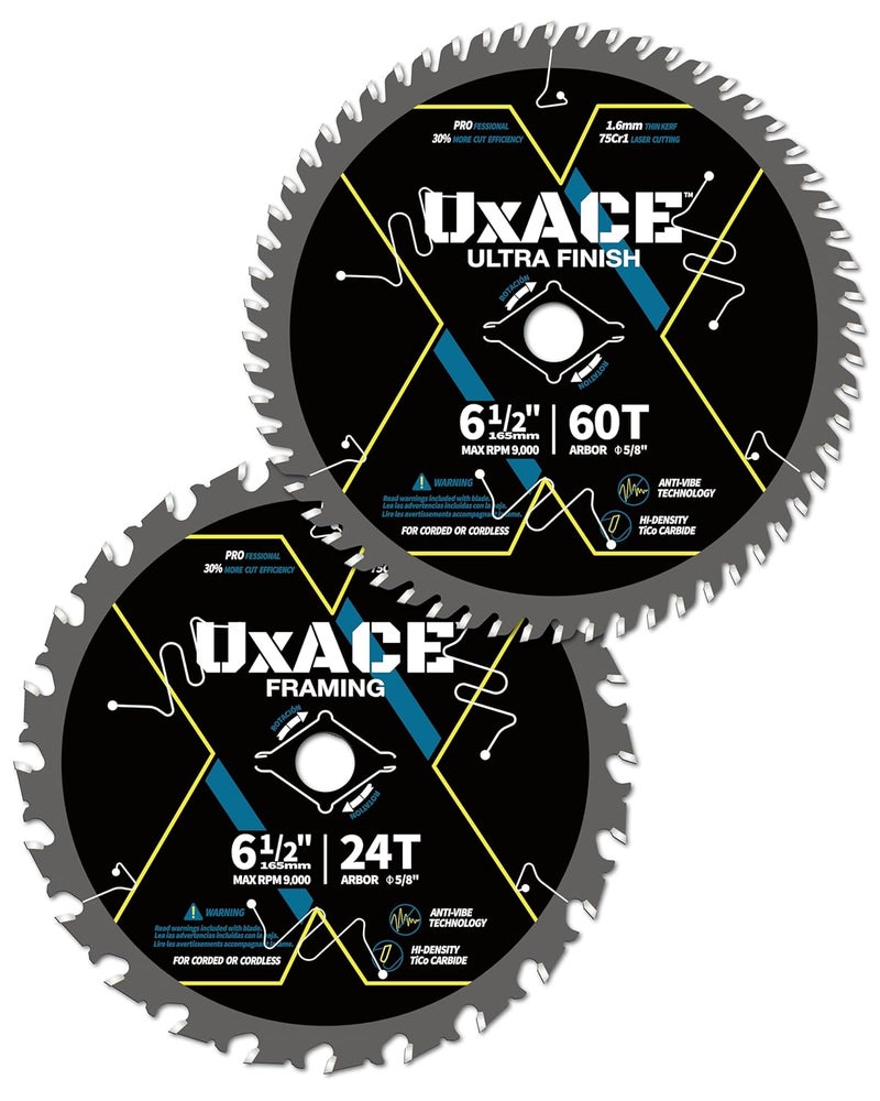 UXACE 6-1/2-Inch 24&60-Tooth Circular Saw Blade with 5/8-Inch Arbor, Framing & Ultra Finish Wood Cutting, Carbide Tip, Thin Kerf, for Plywood, MDF, OSB, Laminated, 2 Pack - Image 1